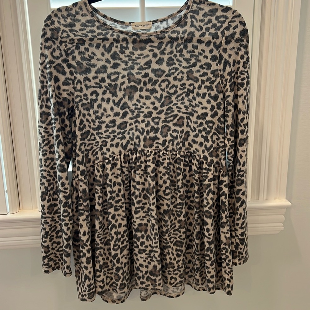LIME & CHILI *Boutique* Babydoll Leopard Print Long Sleeve Blouse Size S/M